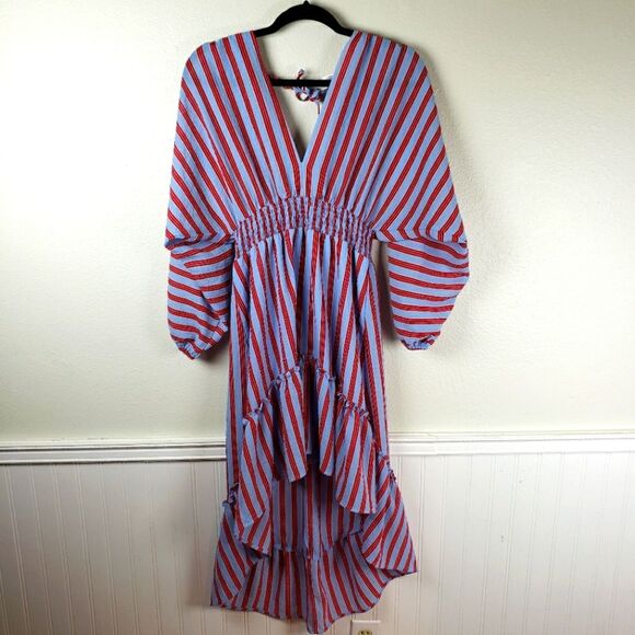 Lulus Dresses & Skirts - LuLu's Candy Red Striped Beach Boho Hi Low Ruffled Smocked V-neck Dress Sz Med